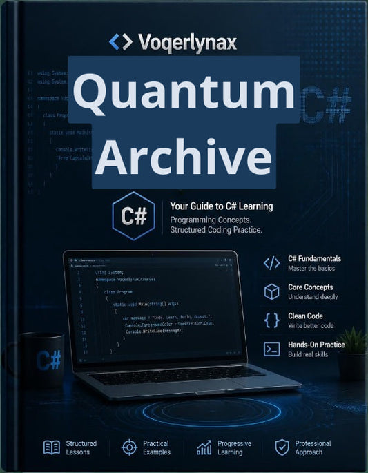 Front cover of the book 'Voquerlynax Quantum Archive: Your Guide to C# Programming Concepts, Structured Coding Practice' shown on a dark blue background with a laptop displaying C# code and C# logo graphics.
