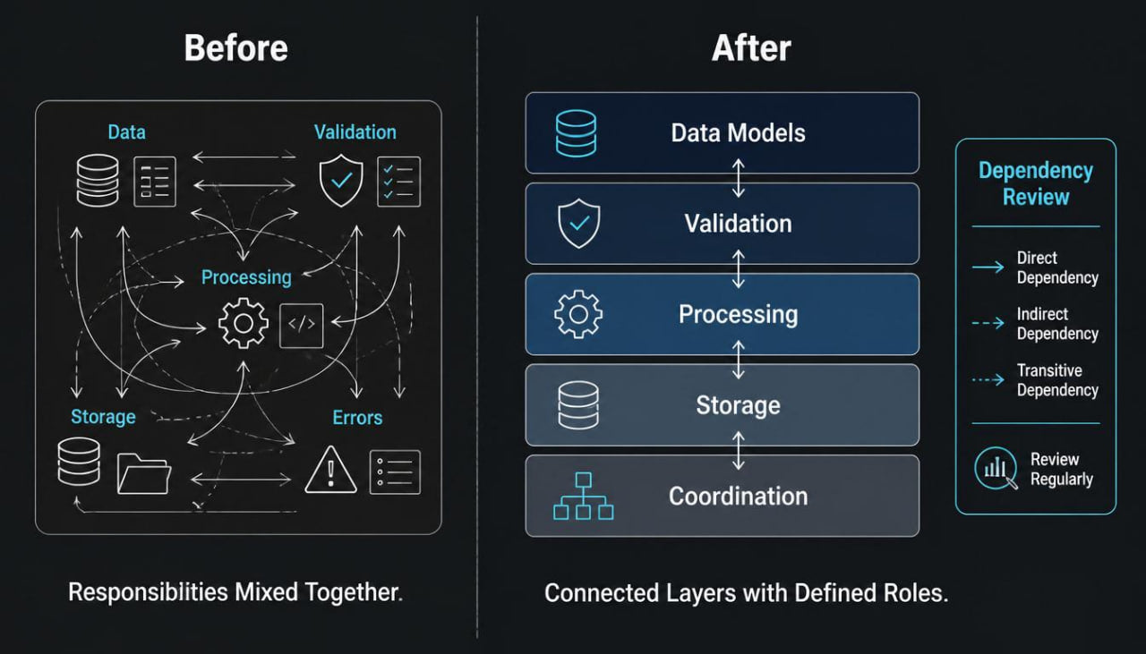 A comparison graphic labeled Before and After on a dark background. The left side shows a tangled workflow diagram with arrows and icons for data, validation, processing, storage, and errors, captioned 'Responsibilities Mixed Together.