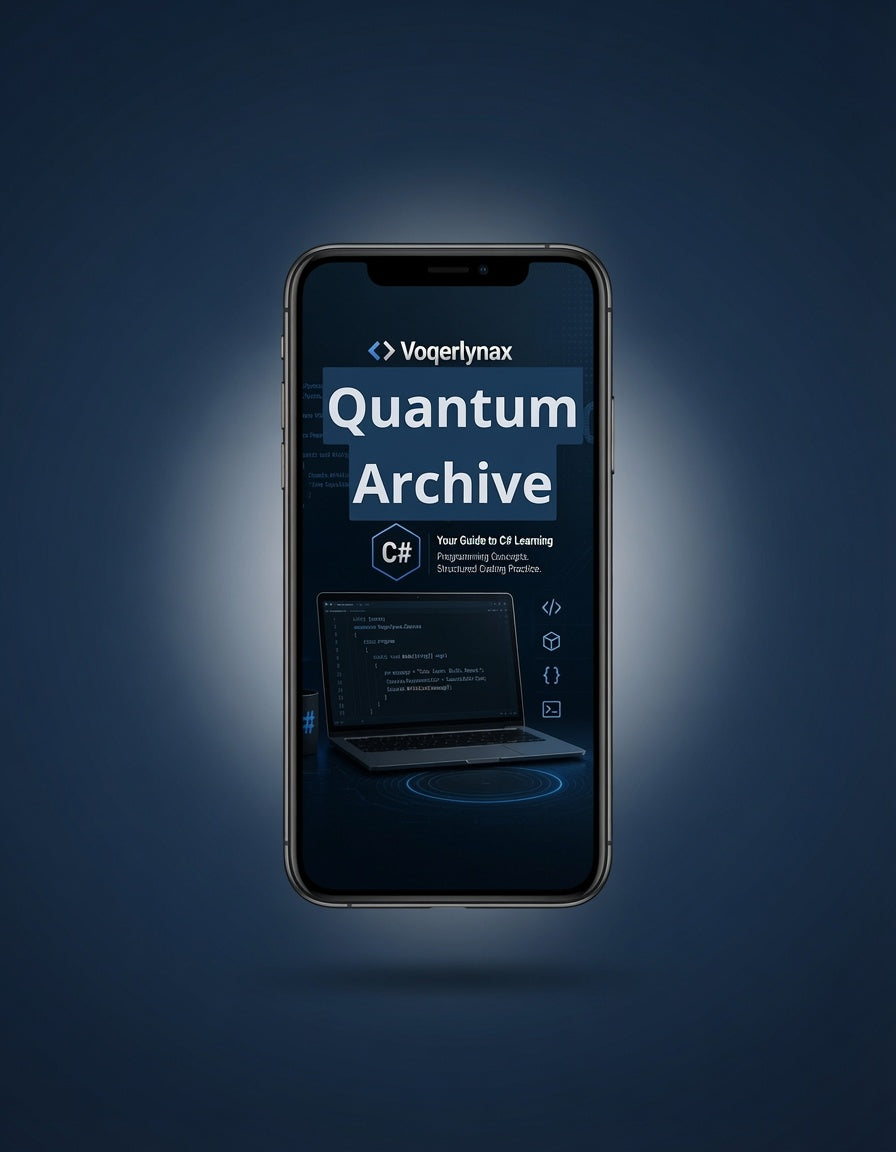 A smartphone centered on a dark blue gradient background, displaying a digital guide titled 'Voqerlymax Quantum Archive' on its screen.