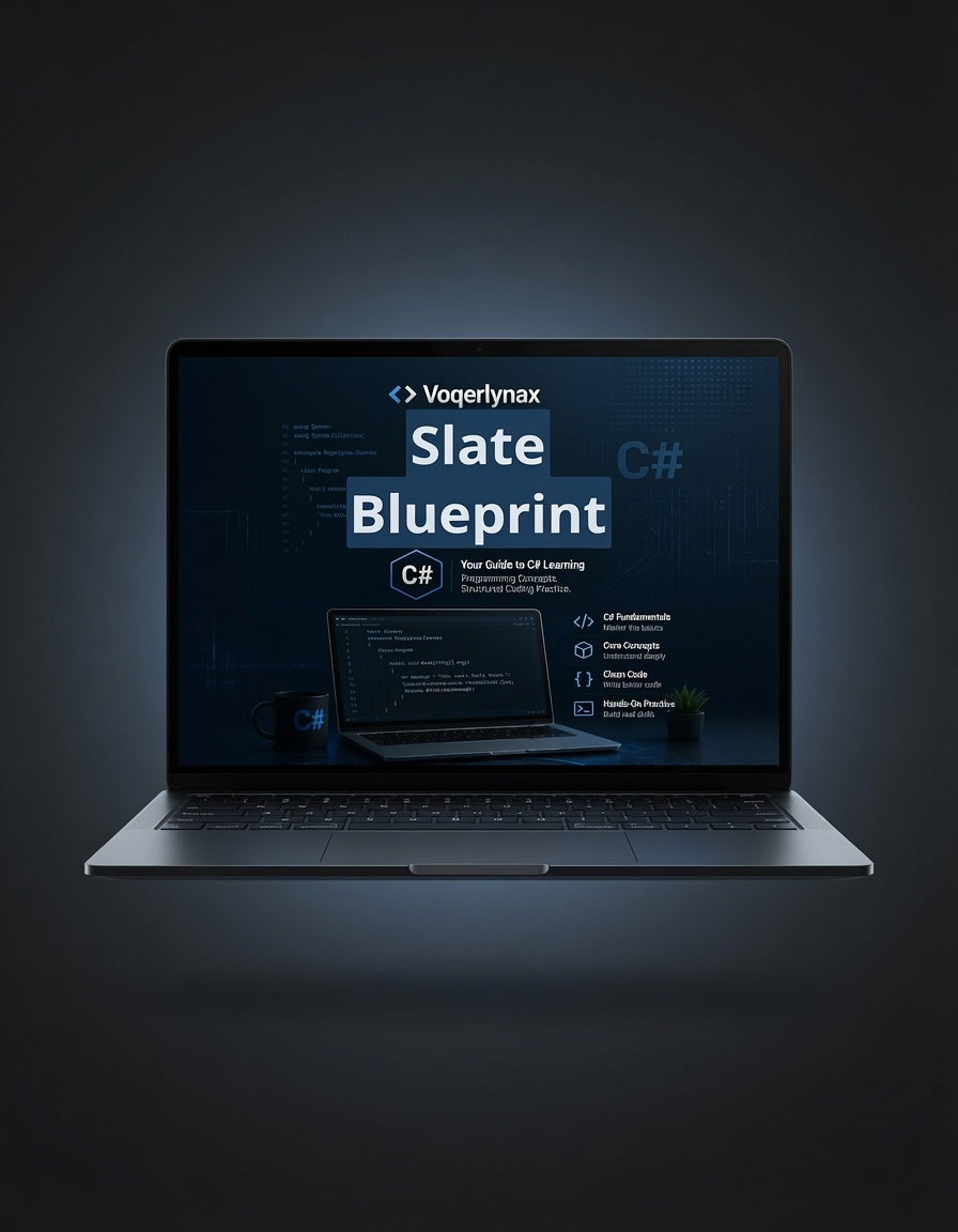 A silver laptop centered on a dark gradient background, displaying a software/course preview titled 'Slate Blueprint' with C# text on the screen. The brand name 'Voqerlymax' is visible near the top of the display.
