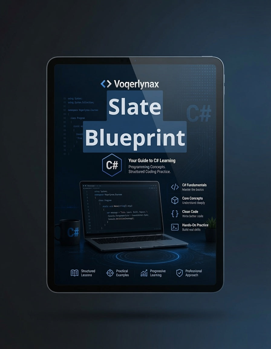 A tablet device displaying a book or guide cover titled 'Slate Blueprint' with the Vogerlynax branding and C# icon, set against a dark blue gradient background.