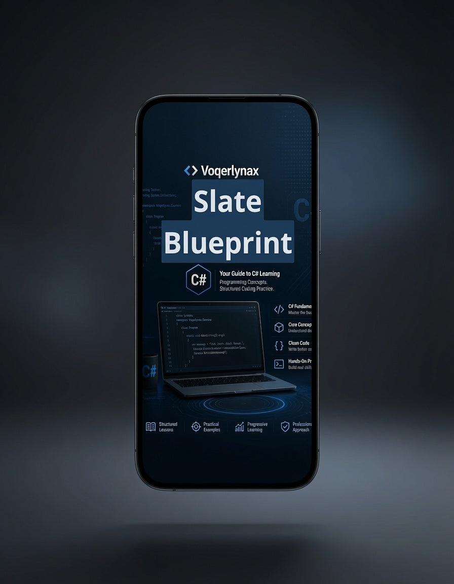 A smartphone centered on a dark gradient background, displaying a digital course or guide titled 'Voqerlynax Slate Blueprint' with a laptop graphic and course icons on the screen.