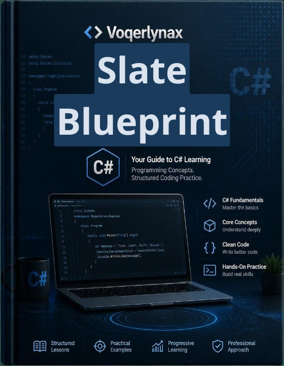 Front cover of the book 'Slate Blueprint: Your Guide to C# Learning' by Voegerlynax, featuring a dark blue and black design with white text, a C# logo, and a laptop showing code on screen.