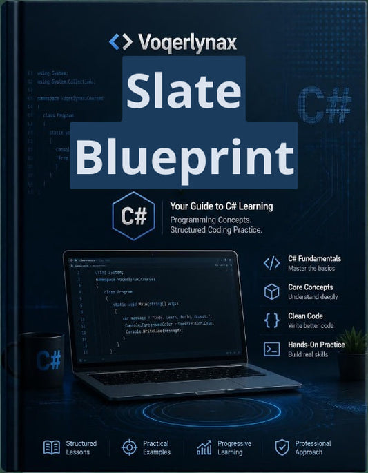 Front cover of the book 'Slate Blueprint: Your Guide to C# Learning' by Voegerlynax, featuring a dark blue and black design with white text, a C# logo, and a laptop showing code on screen.