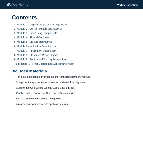 A digital document page titled 'Contents' from the 'Voegterlynx' platform under the 'Vertex Collection' label, outlining module chapters and included materials in black text on a white background.
