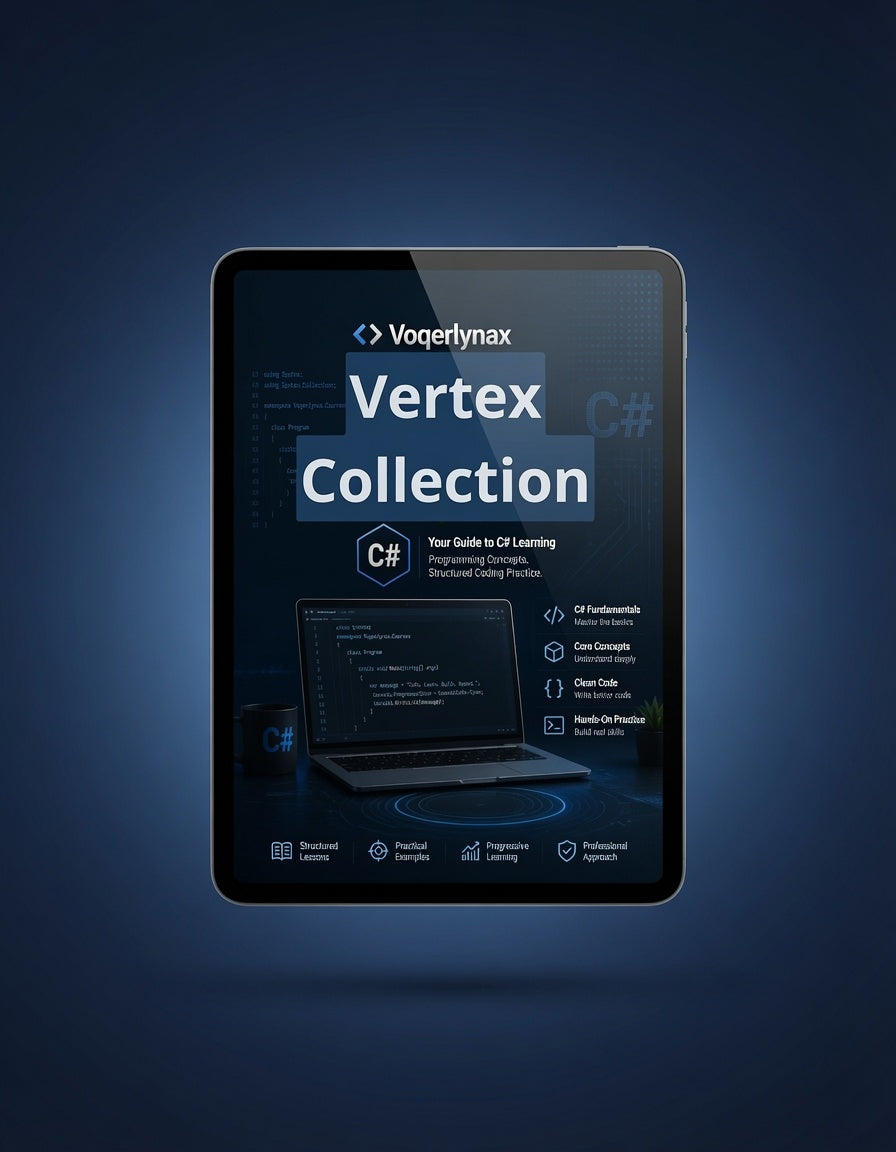 A tablet device centered on a dark blue gradient background, displaying a book or guide cover titled 'Vogerlynax Vertex Collection' with C# text and code-related graphics on the screen.
