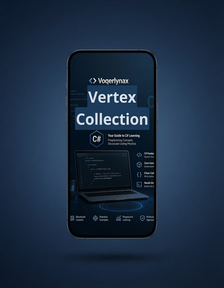 A smartphone centered on a dark blue gradient background, displaying a digital cover for 'Vogerlynax Vertex Collection' with a laptop graphic and text about C# and cloud services.
