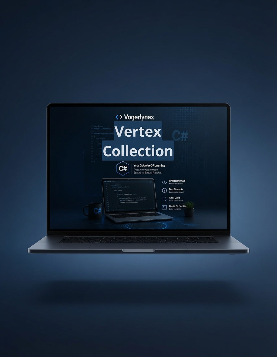 A silver laptop floating against a dark blue gradient background, displaying a digital course cover for 'Vertex Collection' by Vogerynax on its screen.