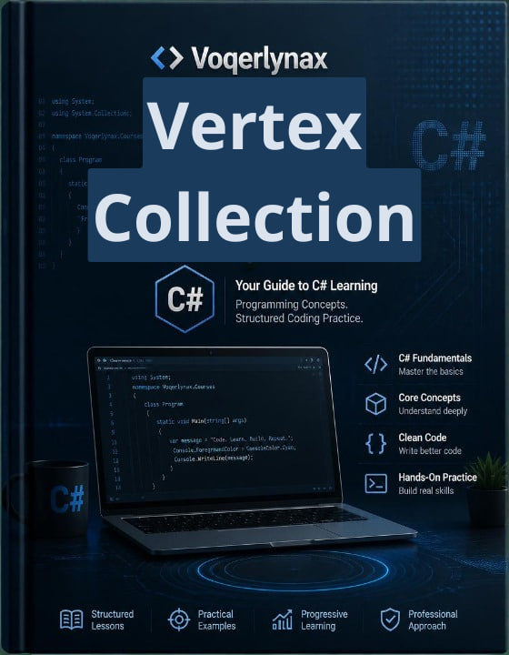 Front cover of the book 'Voegerlynax Vertex Collection: Your Guide to C# Programming Concepts, Structured Coding Practice' on a dark blue background with a laptop showing code and C# branding.