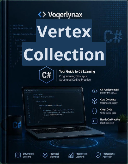Front cover of the book 'Voegerlynax Vertex Collection: Your Guide to C# Programming Concepts, Structured Coding Practice' on a dark blue background with a laptop showing code and C# branding.
